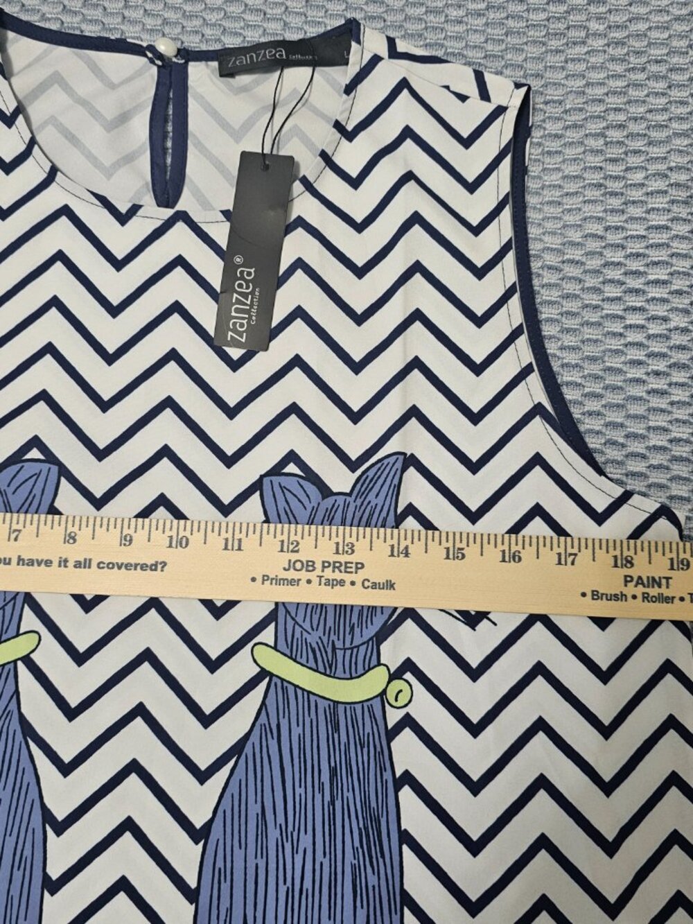 Zanzea Chevron Sleeveless Blue White with Cat Print Design Dress Size Large NEW - Picture 5 of 6